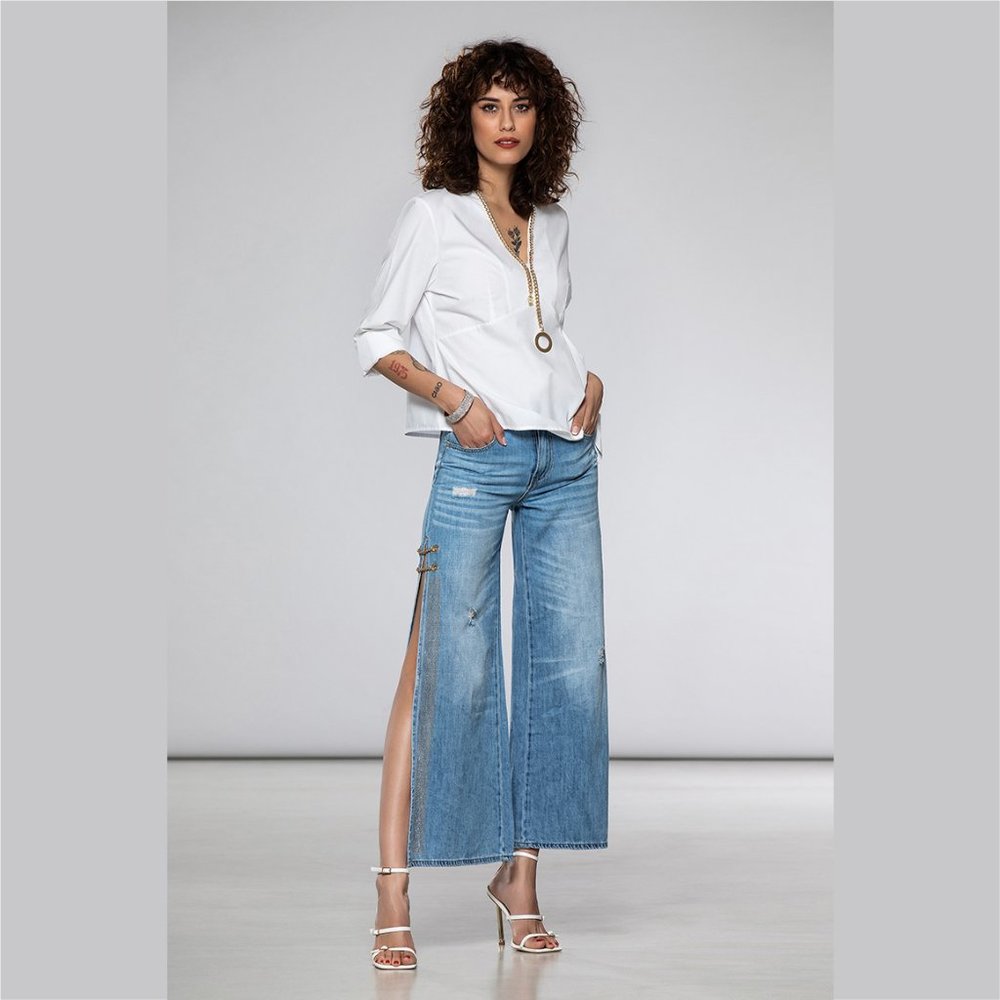 Marci by Gil Santucci Martina jeans side slit crop wide leg gold trim